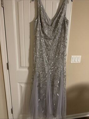 Ever Pretty Silver Gray Beaded V-Neck Maxi Dress